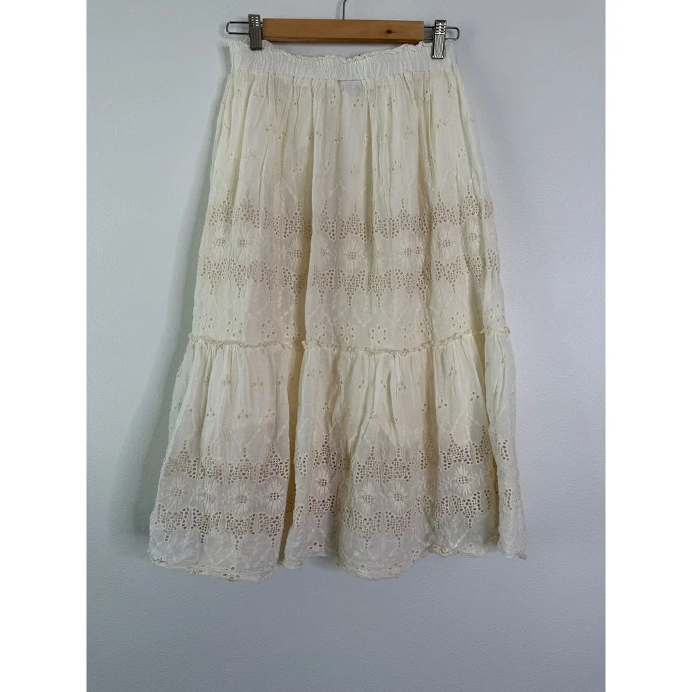 Liv Los Angeles Cream Eyelet Cotton Tiered Midi Skirt Small Boho Cottagecore - Picture 2 of 7